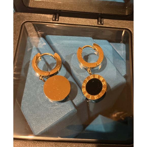 Gold Tone Earrings Black Roman Numeral Round Dangle Drop Jewelry Women - Picture 3 of 3